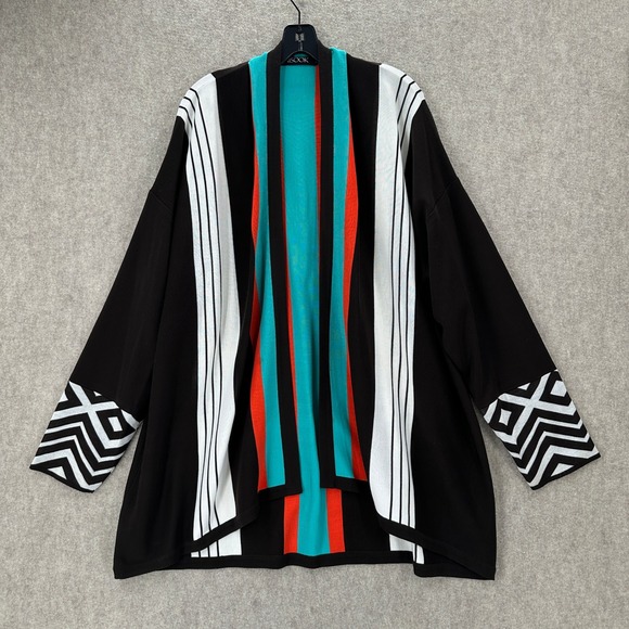 MISOOK Cardigan Sweater Jacket Black White Teal Orange Stripe Geometric Size 1X